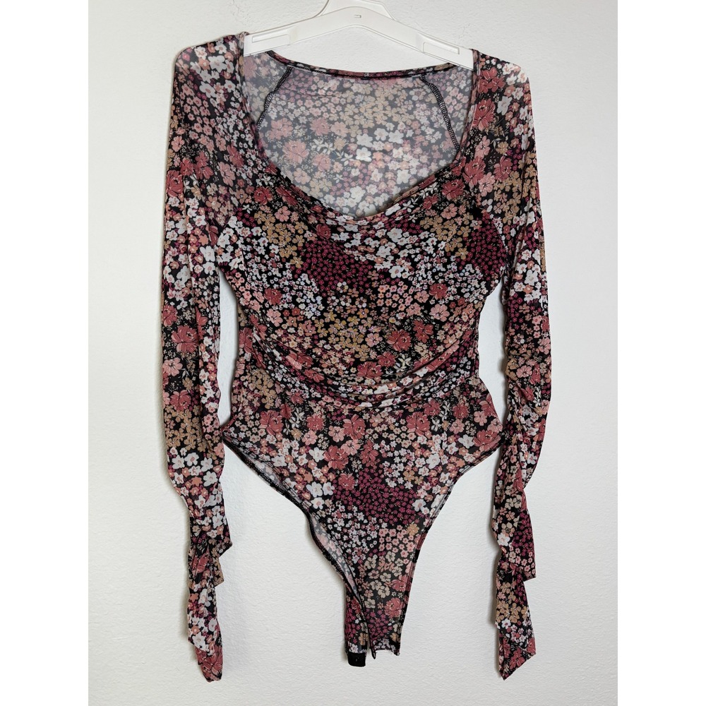 SHEIN Womens XL Floral Cowl Neck Bodysuit Pink Ruched Long Sleeve Mesh Top